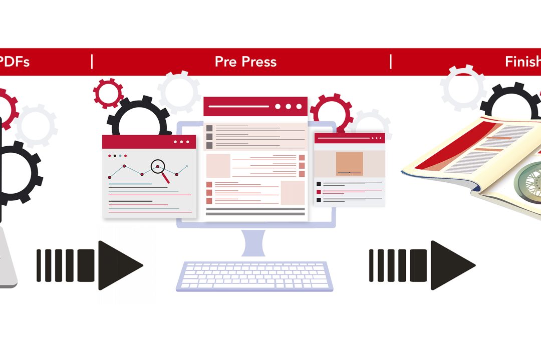 A simple graphic to show a customer transfering printready pdfs to the printer to print the magazine, catalogue or brochure